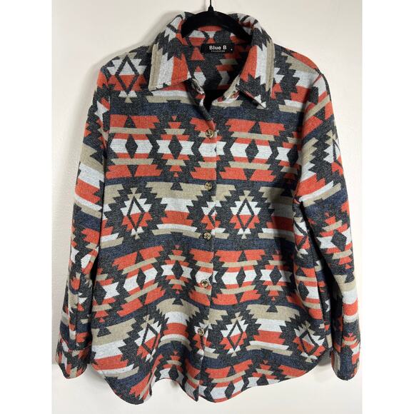 Aztec Western Printed Button-Down Oversized Flannel Shacket Jacket - Picture 2 of 8